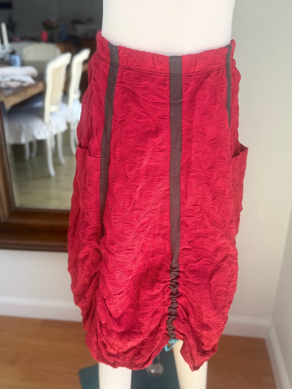 Aimee G Red Asymmetrical Ruched Skirt with Dark Contrast Stripes